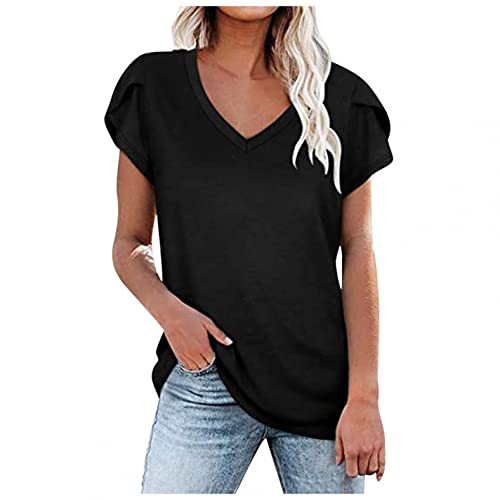 Womens Summer Tops, Womens Tops Summer Casual V Neck Short Petal Sleeve Shirts Loose Fit Basic Solid Tunic Tshirt