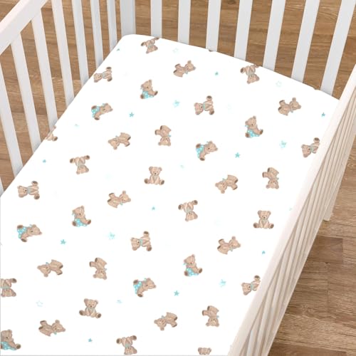 Image of American Baby Company 2 Pack 100% Natural Cotton Fitted Mini Crib Sheets 38 inch x 24 inch - Soft & Breathable Small Nesting Portable Sheets, Fits Pack N Play Mattresses, Bear and White, for Boys & Girls