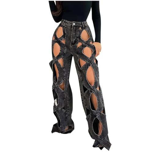 Womens High Waisted Jeans Y2K Trendy Hollow Out Criss Cross Wide Straight Leg Baggy Denim Pants Sexy Jean Pants