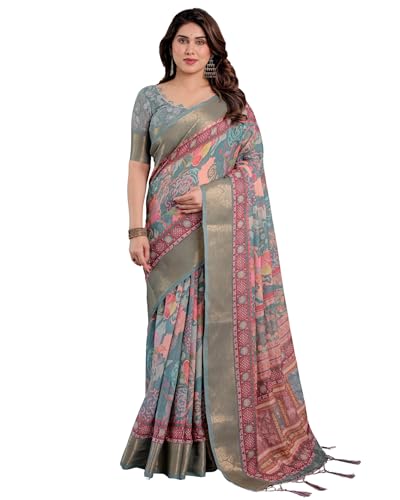 Image of ALMAARI FASHION Handloom Cotton Linen Saree for Women with Floral Printed Design and Tassel Pallu, Traditional Ethnic Lightweight Saree for Daily Office Festive with Blouse Piece