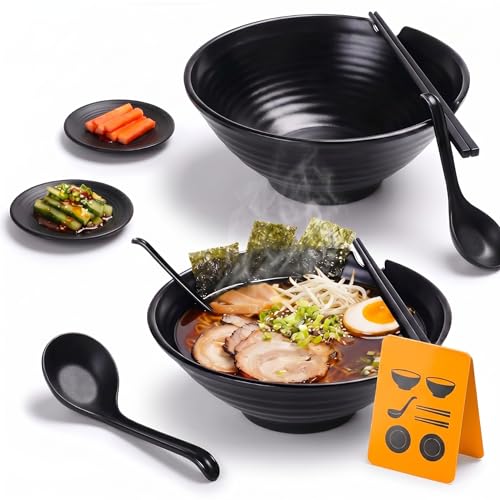 Vivimee Unbreakable Japanese Style Ramen Bowl Set of 2, 37oz Black Large Matte Melamine Bowls and...