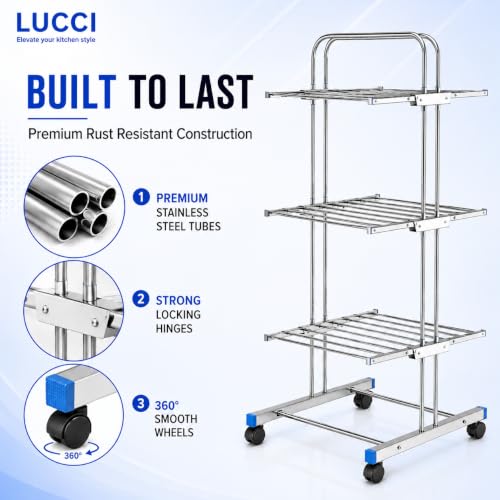Image of LUCCI Premium Heavy Duty Foldable Stainless Steel Cloth Drying Stand, 3 Tier | Mirror Finish | Portable Laundry Rack | Clothes Dryer Stand with Wheels | Foldable, Movable & Space-Saving Drying Rack