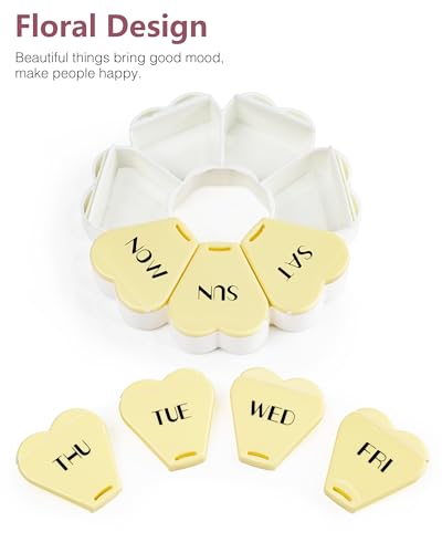 Image of MOLN HYMY Large Weekly Pill Box 7 Day, Pill Case Organizer, Flower Pill Container Once Daily, Round Medicine Dispenser for Vitamin /Fish Oil /Medication /Supplement (Yellow)