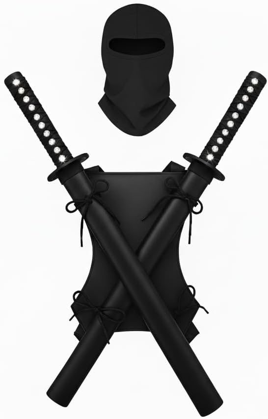 Sword Back Holster, 2 Light up Swords with Clanging Sound, Black Leather Ninja Hero Sheath, Weapons Holder for Anime Halloween Costume- Warrior Cosplay - Complete with Balaclava, (Ninja Mask)