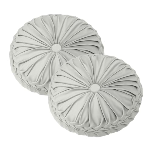 Minifactory 2pcs Washable Round Pumpkin Cushions, Soft Velvet Plush Pillows with Decorative Button, Modern Decorative Throw Pillows for Sofa, Bed, Car & Home Decor (Grey)