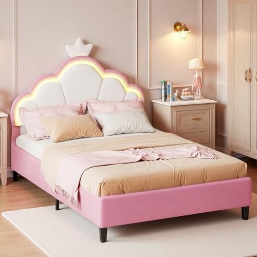 4ft6 Double Upholstered Bed with LED, Girls Bed Princess Bed 135x190 cm with Adjustable Headboard, Double Platform Bed with Wooden Slatted Frame, Youth Guest Bed for Adults Teenagers, Velvet, Pink