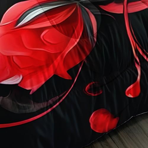 Image of AILONEN Red Rose Comforter Set Twin Size,Red & Black Bedding Set 3Pcs,Luxury Flower Bedroom Decor for Couples Women,Romantic Floral Quilt with 2 Pillowcases