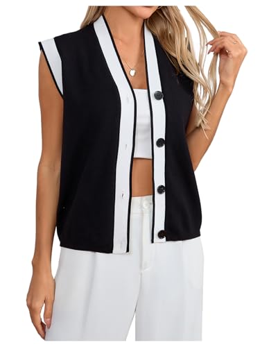 Image of MakeMeChic Women's Contrast Binding Sweater Vest V Neck Button Down Sleeveless Sweater Cardigan Knitwear Black and White X-Large