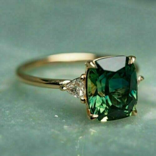 AARK & CO, 3.00Ct Cushion Cut Green Emerald Lab Created Diamond Solitaire Engagement Ring 14K Yellow Gold Finish, 925 Sterling Silver2