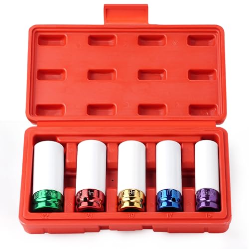 Drado Jeu de 5 douilles à chocs pour jantes aluminium, 1/2' Douilles à Impact avec manchon en plastique pour protéger la jante lors du changement de pneus (15/17/19/21/22 mm)