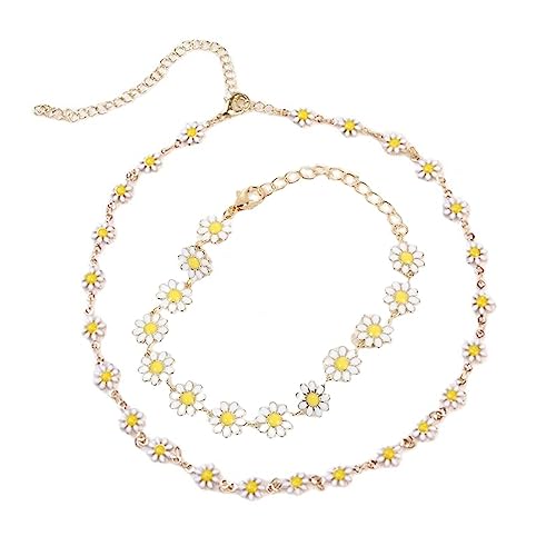 Pingyongchang Daisy Flower Necklace and Bracelet Set for Women - Bohemian Enamel Choker, Handmade Gold Spring Sunflower Jewelry for Party and Beach