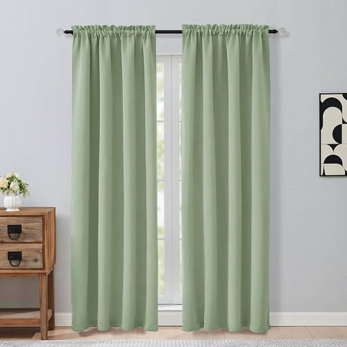 Image of Light Green Blackout Curtains for Bedroom 84 Inch Length 2 Panels Set, Thermal Insulated Curtains for Living Room Nursery, Rod Pocket Window Drapes for Patio French Door Front Door, 2x40Wx84L