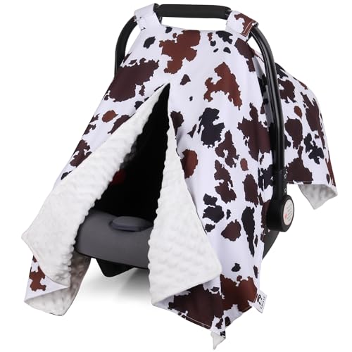 Image of Rquite Car Seat Cover Baby, Carseat Covers Baby Boy, Minky Infant Car Seat Cover Winter, Peekaboo Opening Car Seat Canopy, Multi-use Baby Carrier, Stroller, Nursing Cover, Minky Blanket, Cow Print