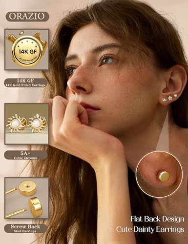 ORAZIO Gold Flat Back Stud Earrings for Women Men Sterling Silver Post Hypoallergenic Screw Back Earrings 14K Gold Cartilage Conch Helix Tragus Piercing Jewelry CZ Opal Earring Set 3 Pairs 20G2