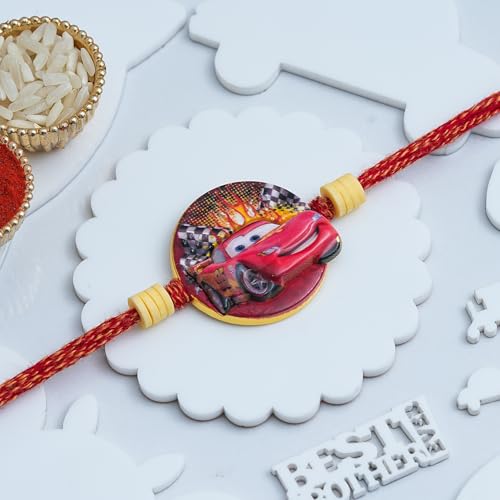 Image of eCraftIndia Cartoon Car Design Rakhi for Kids Girls Boys with Best Bro Ever Fridge Magnet | Raksha Bandhan Fridge Magnet Kids Rakhi for Brother Bhaiya Bhai | Roli Chawal Pack