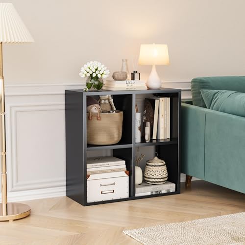 Image of VASAAOSD 4 Cube Storage Organizer - Metal Bookshelf, Black Cube Shelf, Deep Cube Shelving with Corner Protector, Stackable Design Bookcase for Living Room, Bedroom, Office, Entryway