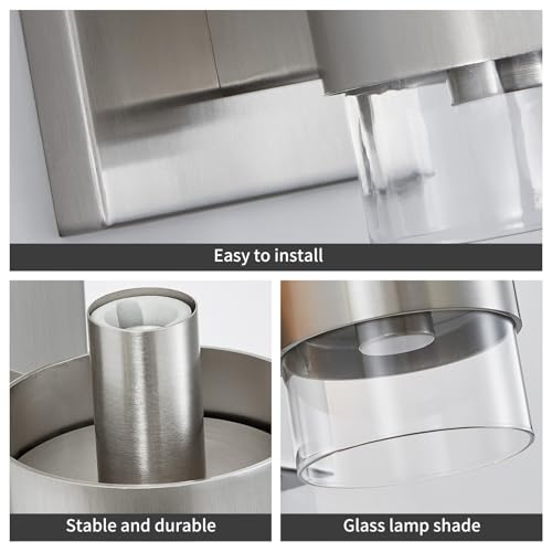 Image of WUZUPS Set of 2 1-Light Bathroom Wall Light Fixture Over Mirror Flat Class Shade Morden Vanity Scones for Bathroom Bedroom Living Room, E12 Base, Brushed Nickel