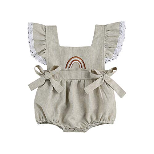 Newborn Baby Girls Rainbow Embroidery Romer Lace Fly Sleeve Bodysuit Backless Jumpsuit Playsuit Summer Outfits (Grey, 12-18M)