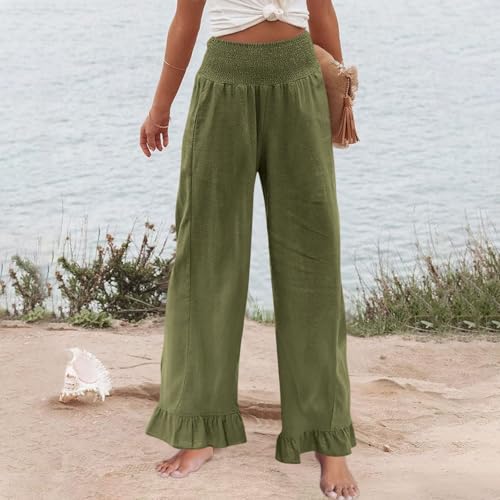 Image of Women Linen Pants Dressy Casual Summer Boho Ruffle Hem Wide Leg Cropped Pants Smocked High Waisted Palazzo Pant