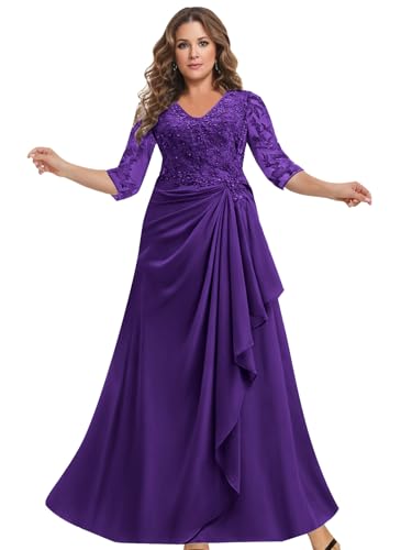 MAGGCIF Lace Mother of The Bride Dresses with 3/4 Sleeves Chiffon Ruffle Beaded Long Evening Formal Wedding Guest Dress4