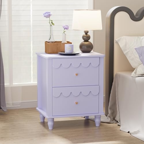 Image of Purple Nightstand Side End Table with 2 Drawers, Modern Night Stand with Petal Pattern for Bedroom, Scalloped Bedside Night Tables with Solid Wood Legs