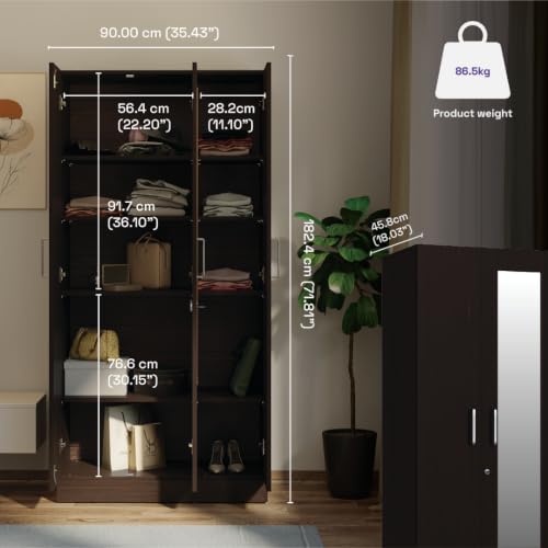 Image of Wakefit Wardrobe for Bedroom | 1 Yr Warranty | Cupboard for Bedroom, Almirah, Wooden Wardrobe, Multi-Shelves Storage with Mirror, Density:680-750 kg /m, Free Installation from Brand (Twill - WE)