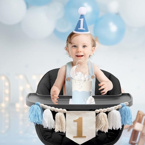 Image of First Birthday Party Decorations Blue Highchair Wood Bead Tassel Garland 1st Birthday Crown Cake Topper