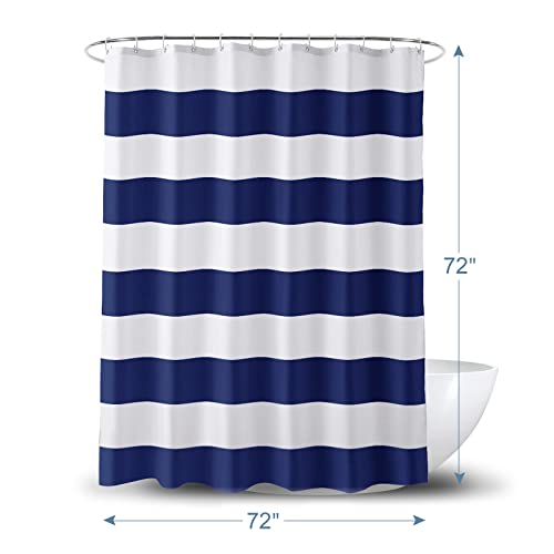 Image of AmazerBath Navy Blue Shower Curtain Stripes, 72 inch W x 72 inch H Blue and White Shower Curtain, Fabric Shower Curtains for Bathroom with 2 Heavy Stones, Water Repellent