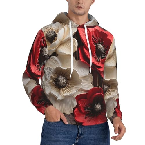 Men's Fleece Pullover Hoodie Long Sleeve Hooded Red and White Flowers Sweatshirt Casual Shirts With Pockets