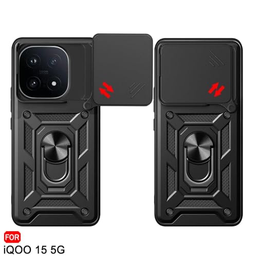 Image of AIBEX Back Cover Compatible for iQOO 15 5G | D10 Tough Armor Case | Sliding Camera Shield | 360 Protection | Kickstand Ring Holder | Military-Grade Bumper Case - Black