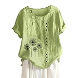 Damen Elegant Tshirts Tops Baumwolle und Leinen T-Shirt Bluse Loose Fit Casual Print Kurze Ärmel Oberteil Knopf Tuning Version Kurze Knöpfe Tunika Große Größen Sommershirts