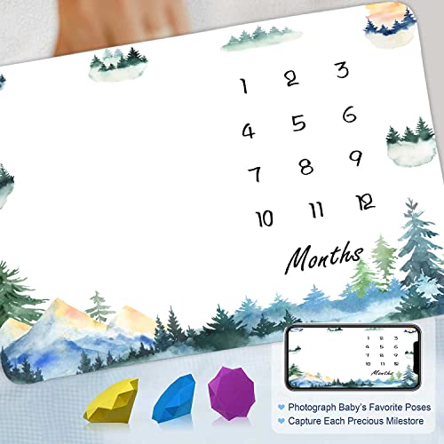 Image of Forest Mountain Monthly Milestone Blanket 48x40in Growth Chart Photo Gift | Milestone Blanket , Forest Mountain Age Monthly Photo Prop for Newborn Picture, with Growth Chart, Gift for Baby Shower
