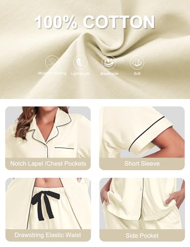 Image of COLORFULLEAF Women's 100% Cotton Pajamas Set Button Down Sleepwear Short Sleeve Shirt and Long Pants Soft Ladies Lounge Sets