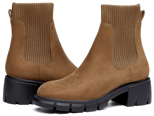Image of Ruanyu Womens Platform Ankle Boots Elastic Chunky Block Heel Chelsea Booties Lug Sole Non-Slip Combat Shoes
