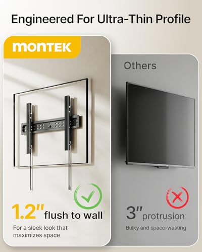 Image of monTEK Ultra Slim Tilting TV Wall Mount Bracket for 43-95 inch Flat & Curved TVs, 1.2 inch Low Profile, Anti-Glare Tilt, Holds 150 lbs, Supports VESA 800x400, Fits 16 inch /18 inch /24 inch /32 inch Studs