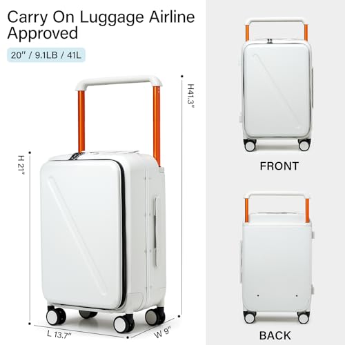 MILADA Wide Handle Carry On Luggage with Front Pocket Hardshell 20 Inch Front Opening Luggage with Spinner Wheels TSA Lock Aluminium Suitcase Airline Approved Carry-On Travel Luggage, White3