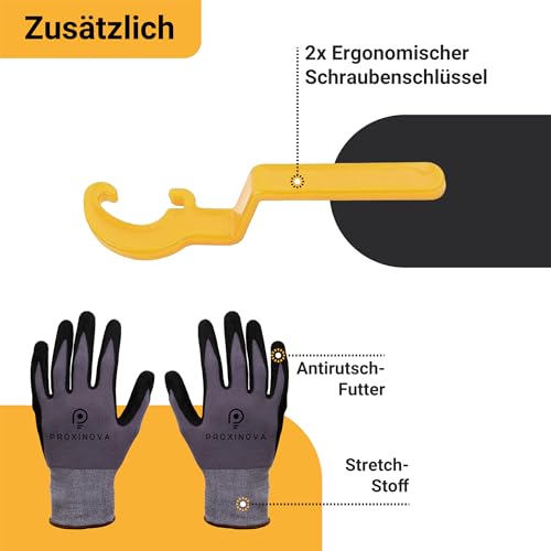 Proxinova Fliesen-Nivelliersystem Kit 100pcs Fliesenabstandhalter, Kratzschutz-System, 2 Schraubenschlüssel, Arbeitshandschuhe, 100 T-Stifte