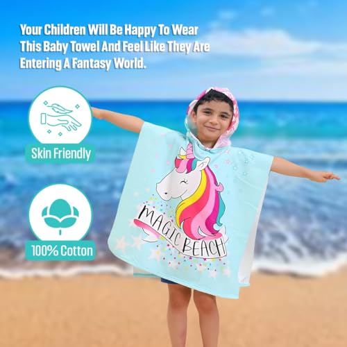 Image of TONY STARK Poncho Towel for Kids, Beach Towel with Hoodie, 60x60cm Travel Towel for 1-7 Years Girls and Boys, Soft Microfiber Sleeved Poncho (Unicorn Starlight Magic)