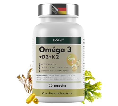 Oméga 3 végétalien + D3 & K2, 120 gélules, 1100 mg d'huile d'algues avec 600 mg de DHA et 300 mg d'EPA + 1000 UI de vitamine D3 + 40 µg de vitamine K2 O3...