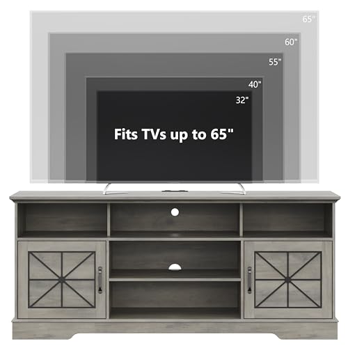 Image of Xixini Farmhouse TV Stand for 65 /60 /55 Inch Tvs, Rustic Entertainment Center with LED Lights and Power Outlets, Modern Media Console Table, Wood Television Furniture for Living Room, Bedroom, Grey