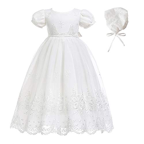 Michealboy Baby-Girls Newborn Satin Christening Baptism Floral Embroidered Dress Gown Outfit White