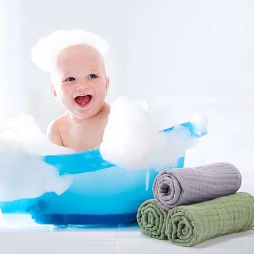 Image of VitalCozy 6 Pcs Baby Muslin Hooded Bath Towels and Washcloths, Muslin Hooded Baby Towels Absorbent Blankets for Gift Newborn Infant Shower (Green,Gray)