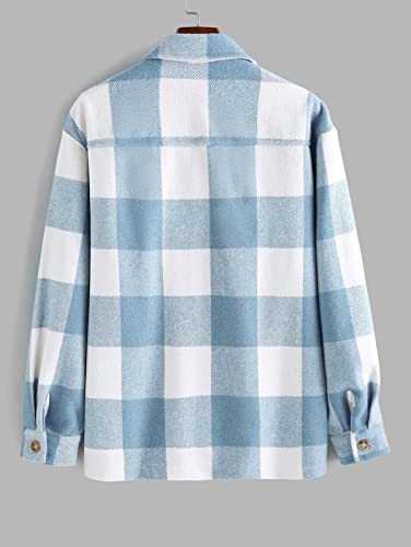 Zaful Men's Plaids Shirt Long Sleeve Button Down Lightweight Jacket Double Pockets Wool Blend Shacket Casual Shirts(Plaid-Blue,M) #TOP2