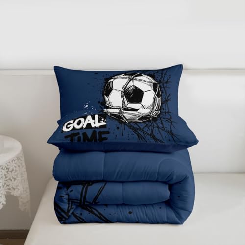 Image of Feelyou Soccer Kids Comforter Set Queen Size Soccer Ball Game Bedding Set Blue Gaming Sports Duvet Quilt for Kids Boys Girls Bedroom Gift for Football Lover Decor Microfiber Ultra Soft Breathable