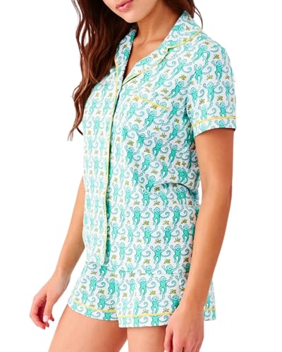 Image of Womens Y2k Preppy Pajamas Set, 2 Piece Button Down Monkey Beach Shorts Set Holiday Vacation Loungewear Pjs for Jammies Back to School Party Birthday Gifts(Zesty Mint, Small)