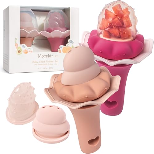 Image of Moonkie Baby Fruit Feeder, BPA Free Silicone Food Feeder for Infant Self Feeding, Mesh Feeder with Two Pouches, Baby Shower Gifts 4 Months+, 2 Pack (Without Freezer Tray)
