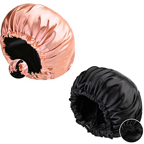 LadayPoa Damen Doppelschicht Satin Schlafmütze für langes lockiges Haar 2 Farben verfügbar Verstellbare Seiden Extra Large (2PC-Black+Pink) Cover