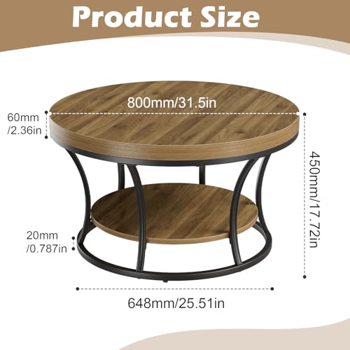 MSFE 2-Tier-Runde Couchtisch, Wohnzimmertisch, Modern Tisch Wohnzimmer, Couchtisch Rund Holz mit Sturdy Metal Frame, Sofa Tisch Beistelltisch für Wohnzimmer, Home Office, 80 * 80 * 45cm – Bild 3