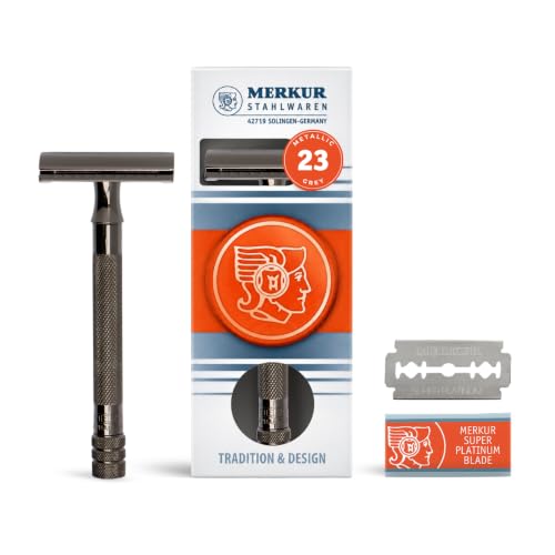 Image of MERKUR 23C 3-Piece Double-Edge Safety Razor for Men in Metallic Grey Finish with Long Handle and Closed Comb - Made in Germany, Plastic-Free