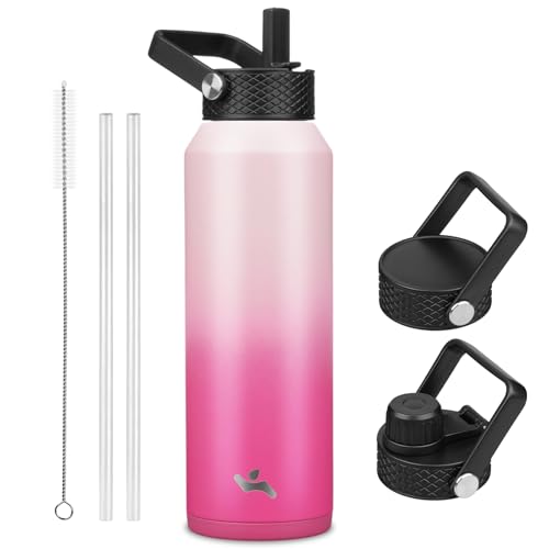 Image of Konokyo 40oz Insulated Stainless Steel Water Bottle with 3 Lids, Leakproof BPA-Free Bottle with Straw Lid, Sip Lid and Flex Cap for Gym, Travel, School, Office, Cherry Blossom